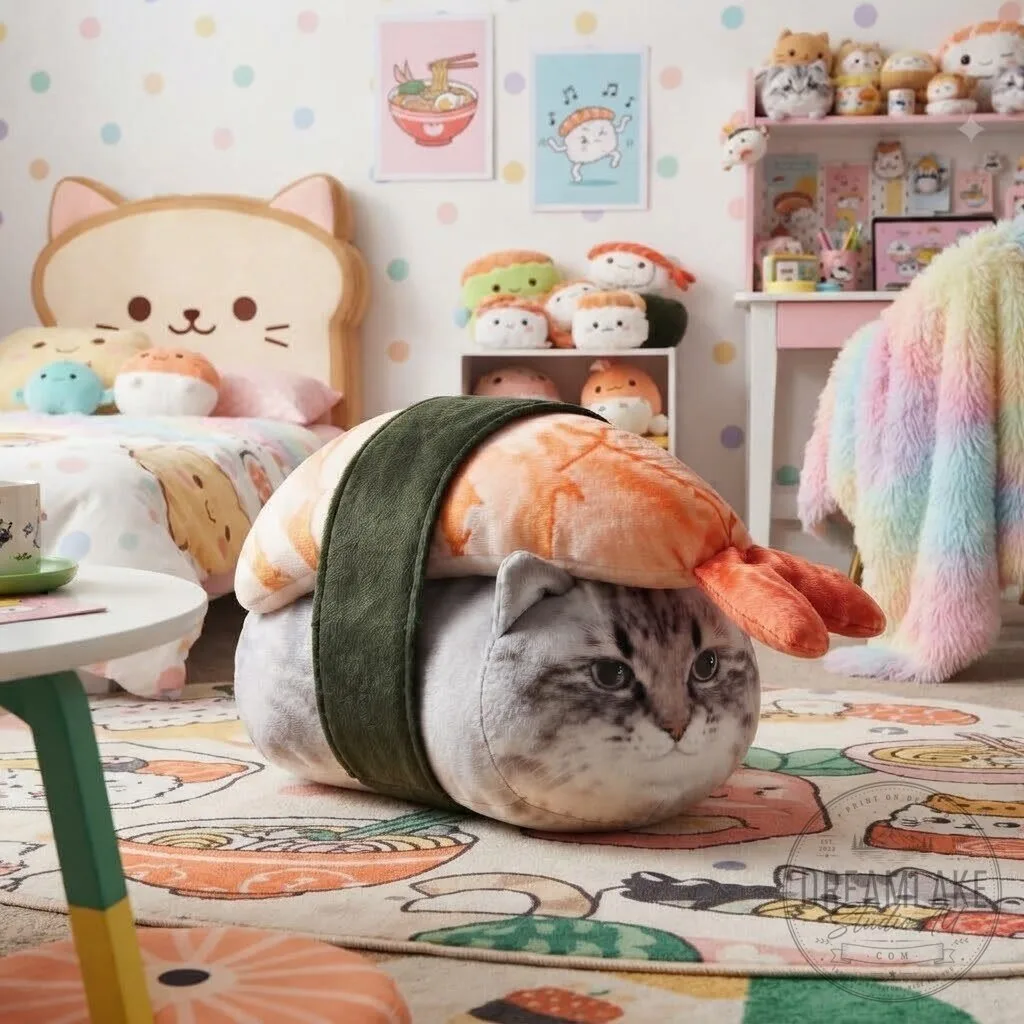 Cute Shrimp Sushi Cat Plush Pillow