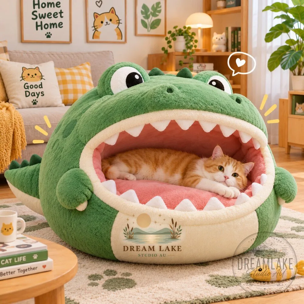"Explore Adorable Cat Caves and Trendy OVO x Degrassi Apparel" 1 Cute Crocodile Cat Cave Plush Bed