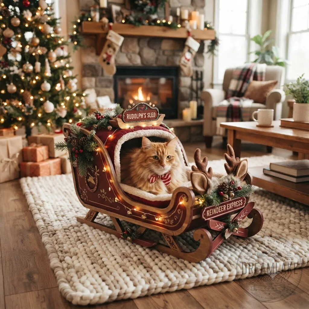 Cozy Festive Reindeer Sleigh Cat Bed 2026 11 Cozy Festive Reindeer Sleigh Cat Bed 2026
