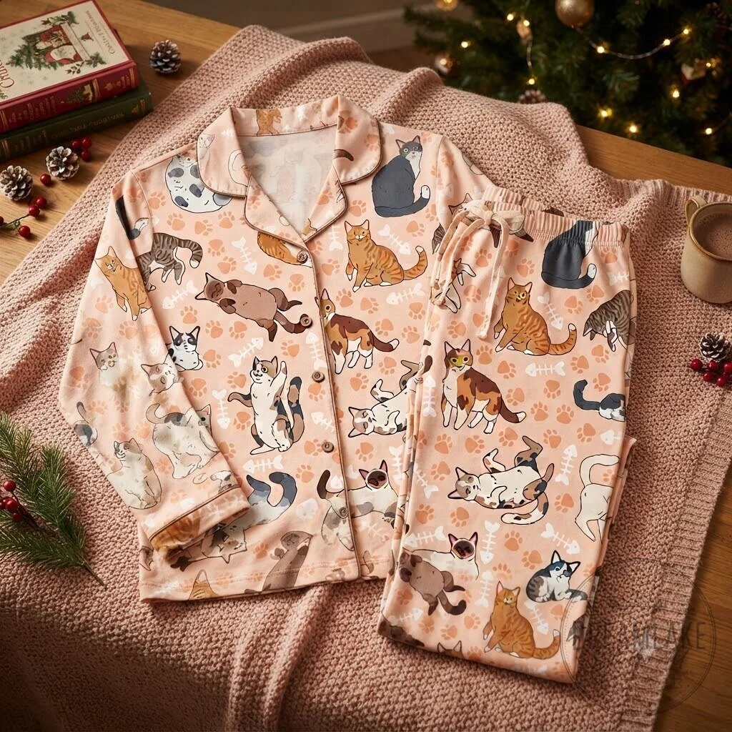 Cute Cat Long Sleeve Pajama Set Sleepwear 13 Cute Cat Long Sleeve Pajama Set Sleepwear