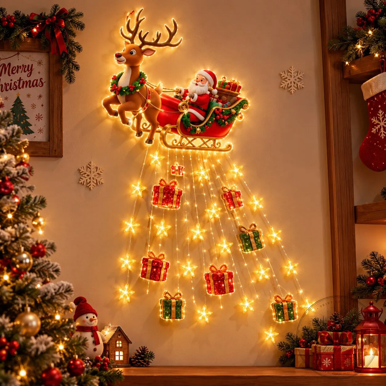 Santa Claus Reindeer Sleigh Christmas Solar Light 10 LED Santa Claus & Reindeer Sleigh Christmas String Lights