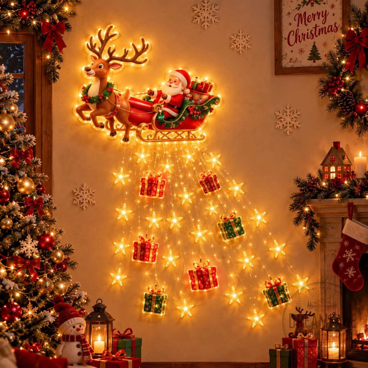 Santa Claus Reindeer Sleigh Christmas Solar Light 11 LED Santa Claus & Reindeer Sleigh Christmas String Lights