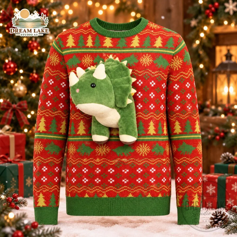 Dinosaur Ugly Christmas Sweater With Plush Stuffed T-Rex