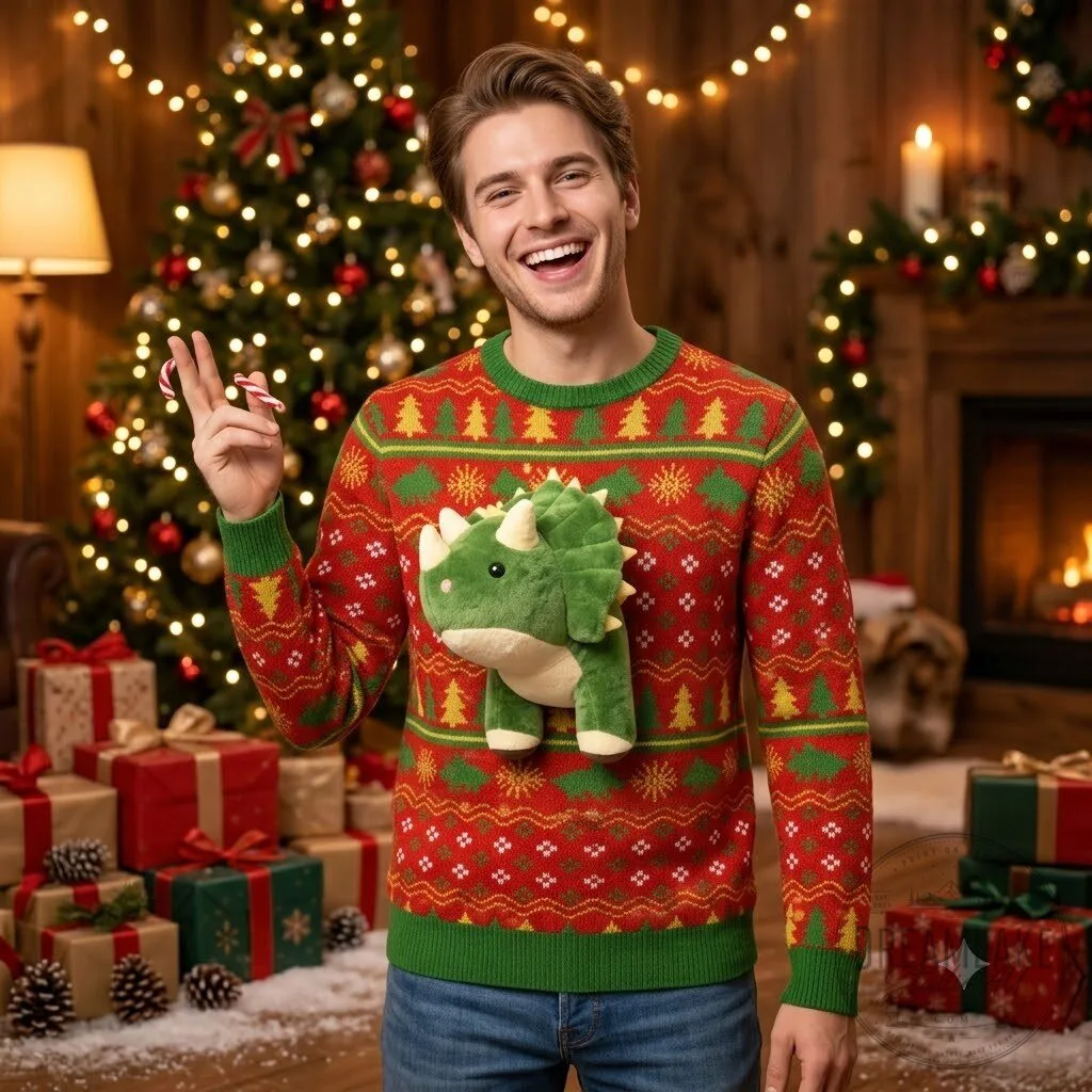 Dinosaur Ugly Christmas Sweater With Plush Stuffed T-Rex 11 Dinosaur Ugly Christmas Sweater With Plush Stuffed T-Rex