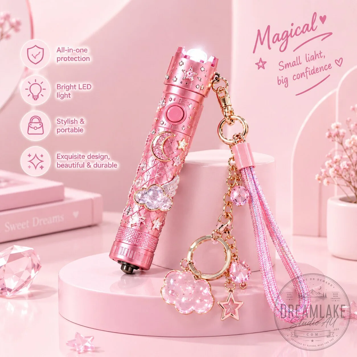 Magical Pink Rhinestone Self-Defense Keychain Flashlight